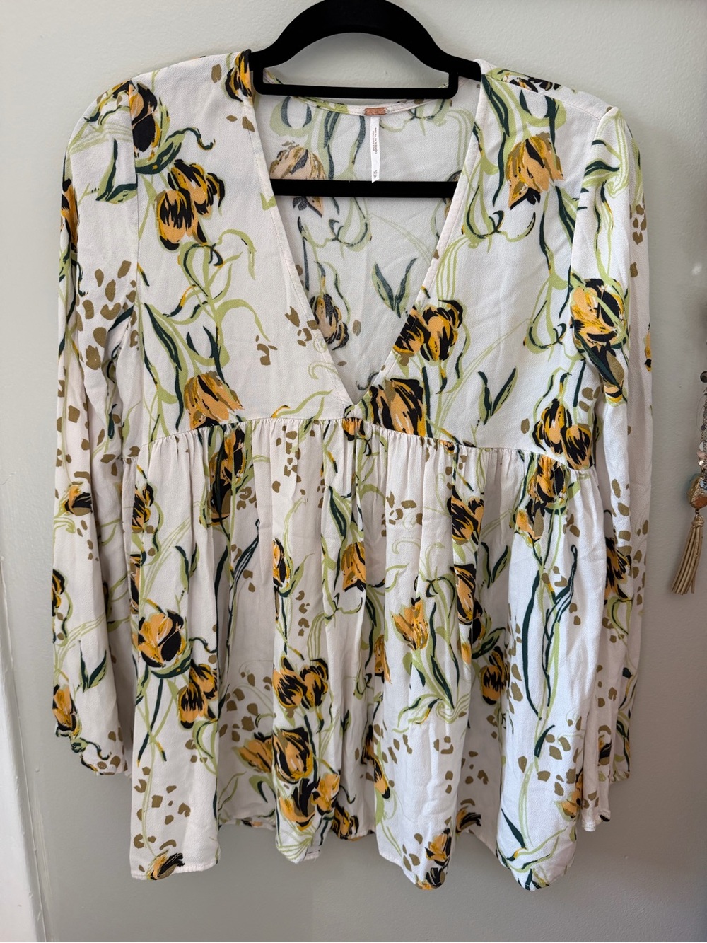Free People Cream Floral Vines Blouse with Green Accents